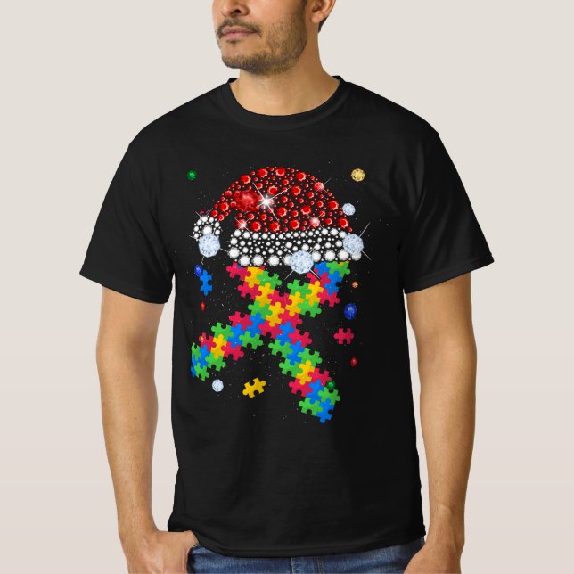 Puzzle Piece Ribbon Santa Hat Christmas Autism Awa T-Shirt (Front)