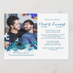 Puzzle Pieces Blue Photo Wedding Invitation