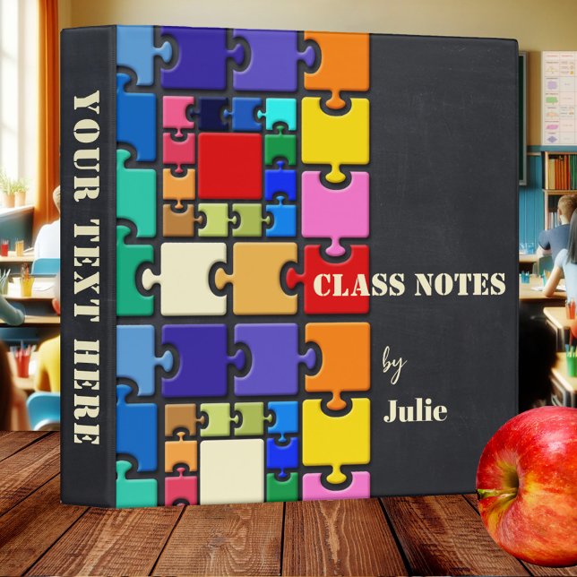 Puzzle Pieces Chalkboard Back to School Binder (A modern school binder featuring colorful puzzle pieces on a chalkboard background with custom texts)