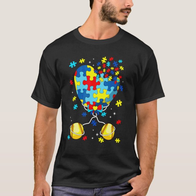 Puzzle Pieces Heart Softball Sport Autism Awarenes T-Shirt (Front)