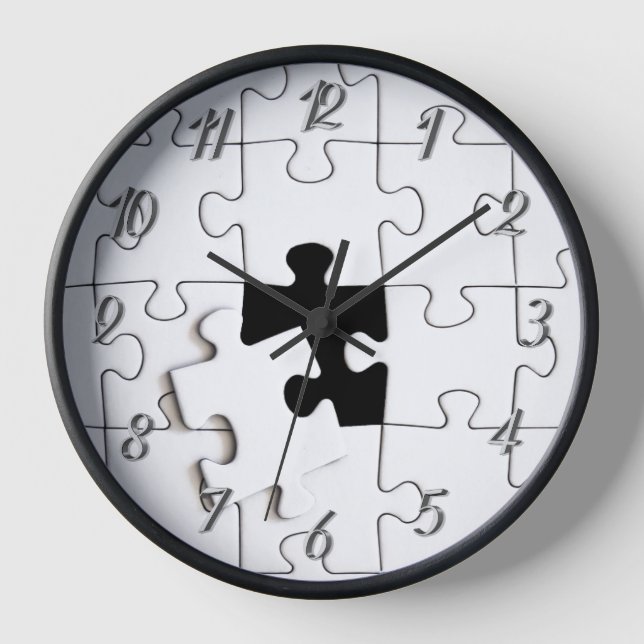 Puzzle pieces whimsical unique black white  clock (Front)