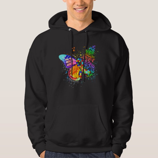 Puzzle Ribbon Autism Awareness Dripping Butterfly Hoodie (Front)