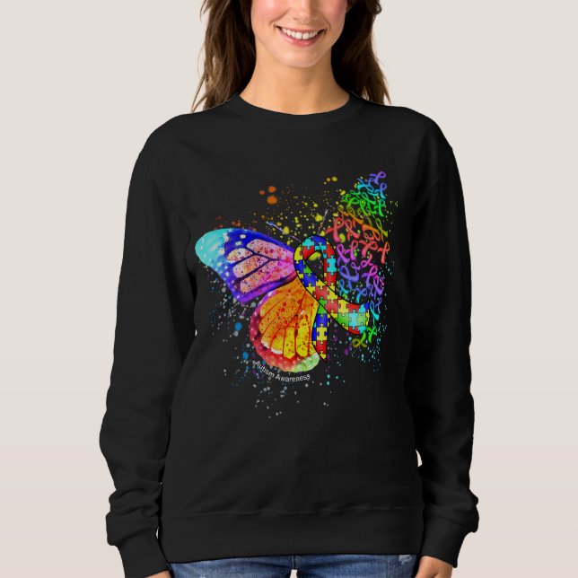 Puzzle Ribbon Autism Awareness Dripping Butterfly Sweatshirt (Front)