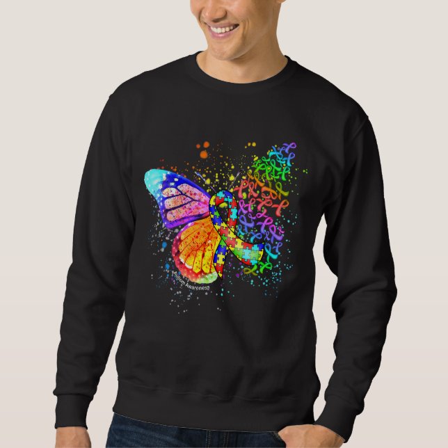Puzzle Ribbon Autism Awareness Dripping Butterfly Sweatshirt (Front)