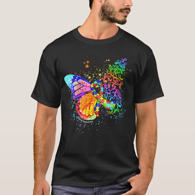 Puzzle Ribbon Autism Awareness Dripping Butterfly T-Shirt (Front)