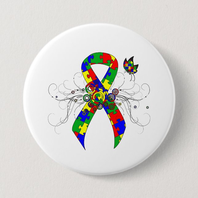 Puzzle Ribbon Butterfly Pinback Button (Front)