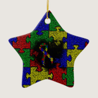 Puzzle Ribbon Grunge Heart Ceramic Ornament