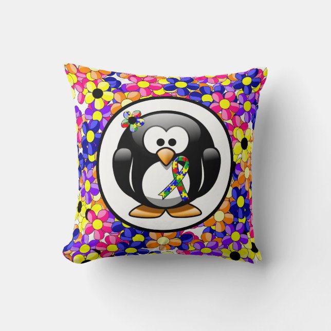Puzzle Ribbon Penguin Throw Pillow (Front)