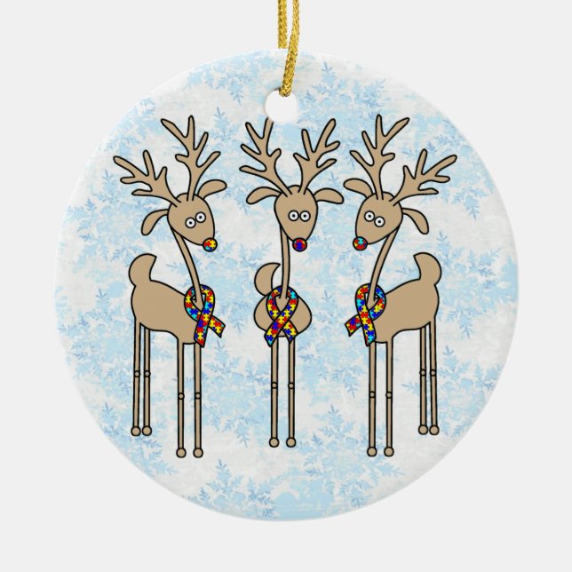 Puzzle Ribbon Reindeer - Autism Awareness Ceramic Ornament (Front)
