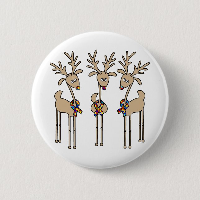 Puzzle Ribbon Reindeer - Autism Awareness Pinback Button (Front)