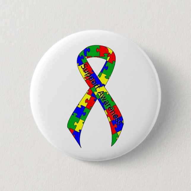 Puzzle Ribbon Support Awareness Pinback Button (Front)