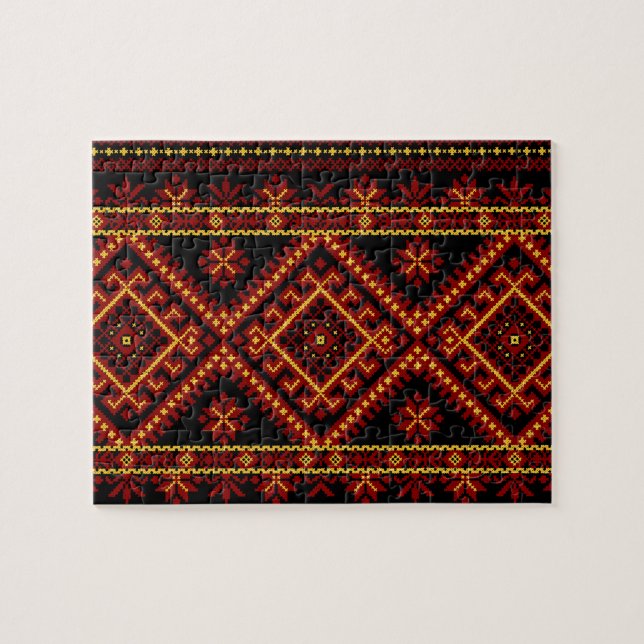 Puzzle Ukrainian Cross Stitch Embroidery Red Gold (Horizontal)