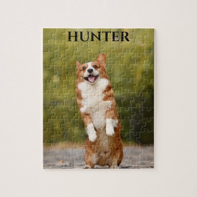 Puzzle with a corgi picture and personalized name. (Vertical)