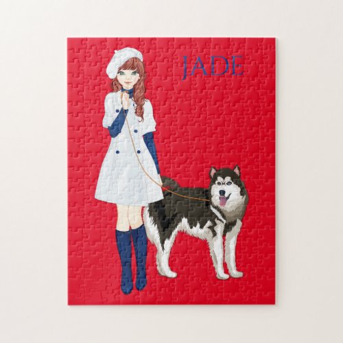 Puzzle with girl walking husky dog Custom name