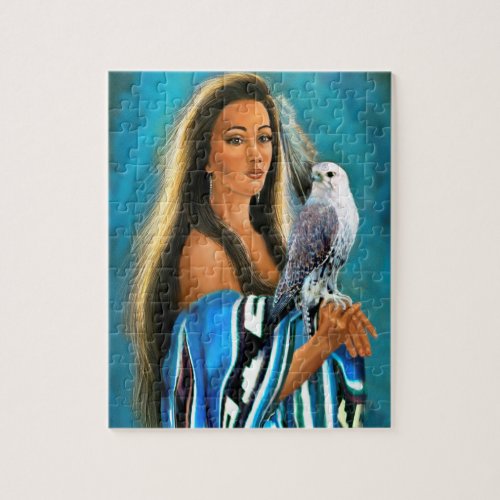 Puzzle with Native American Maiden and Falcon