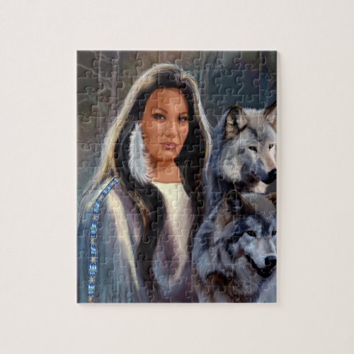 Puzzle with Native American Maiden and Wolfs