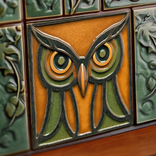 Puzzled Owl in Orange Arts & Crafts Movement Ceramic Tile