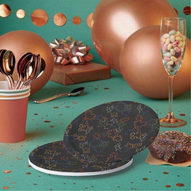 Puzzles - Autumn Outline Black Background Paper Plates (Multi)