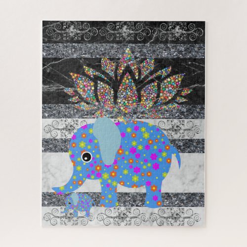 Puzzles Blue Elephant Black  White Marble Floral