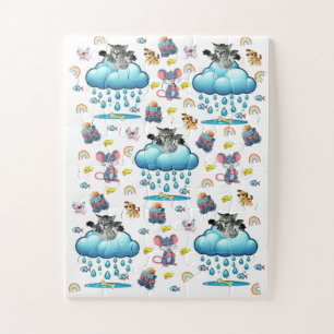 Puzzles Cute Cat Dog and Mice Cheese Fish Bones