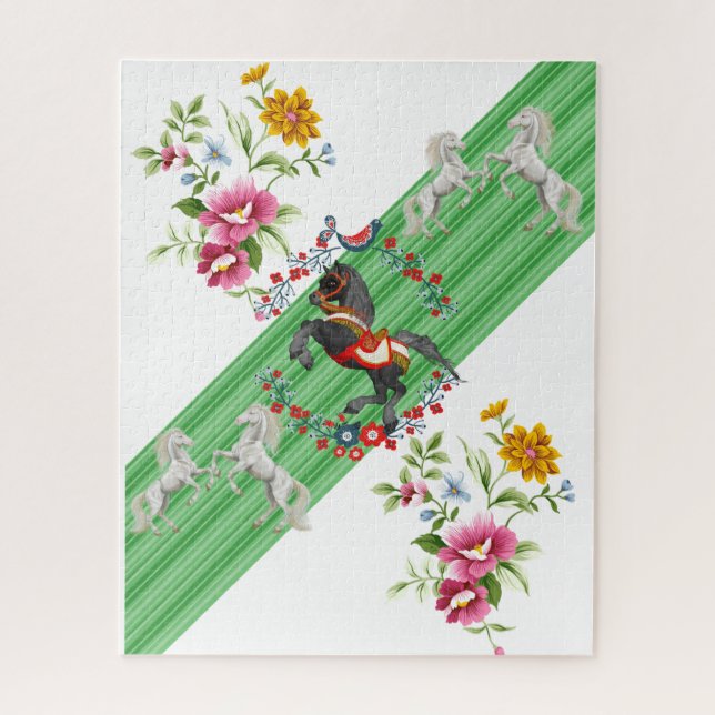 Puzzles Floral Green Stripe White Horse BrownHorse (Vertical)