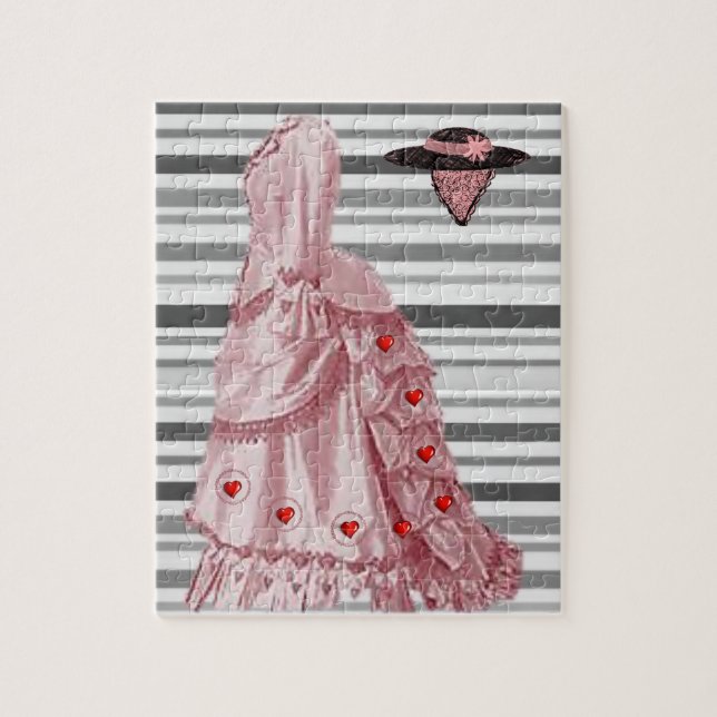 Puzzles Gray Stripe Pink Hearts Dress Victorian (Vertical)