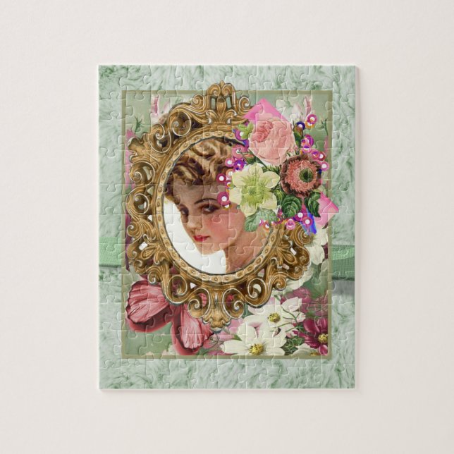 Puzzles Green Pink Victorian Woman Floral (Vertical)