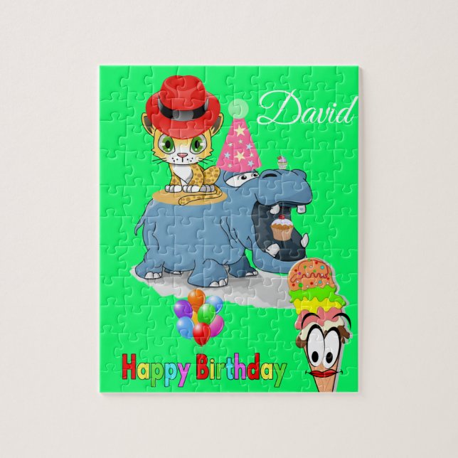 Puzzles Happy Birthday Hippopotamus Cat Ice Cream (Vertical)