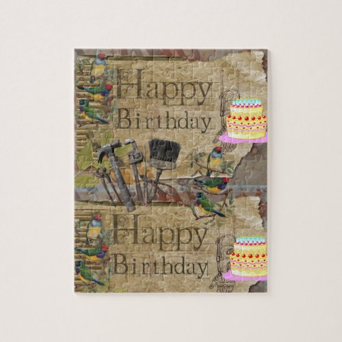 Puzzles Happy Birthday Tools Cake Birds Vintage