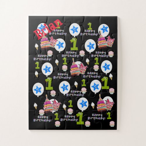 Puzzles Happy First Birthday 1 Birthday Black Jigsaw Puzzle