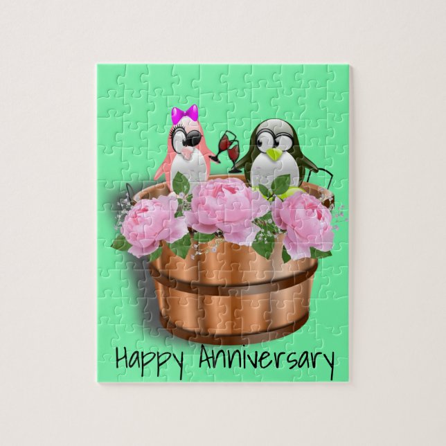 Puzzles Penguin Floral Happy Anniversary Hearts (Vertical)
