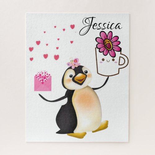 Puzzles Pink Floral Penguin Hearts Happy Valentine