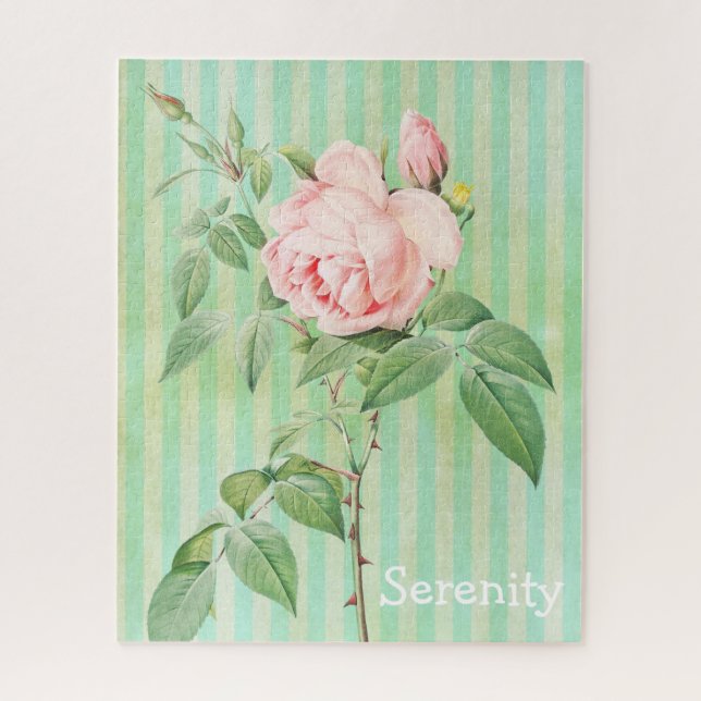 Puzzles Pink Rose Floral Green & White Stripe (Vertical)