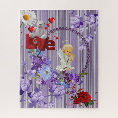 Puzzles Purple Floral Red Rose Angel Teddy Bear
