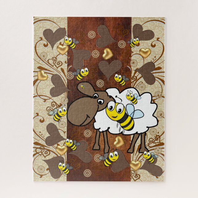 Puzzles Sheep Bumblebee Floral Brown Hearts (Vertical)
