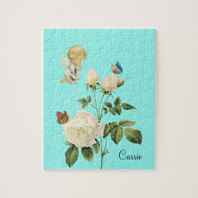 Puzzles White Angel Blue Butterfly Floral (Vertical)