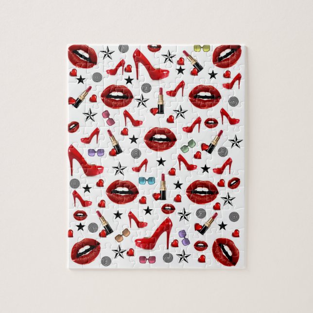 Puzzles White Red Lipstick Heels Hearts (Vertical)