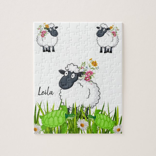 Puzzles White Sheep Floral GreenTurtles (Vertical)