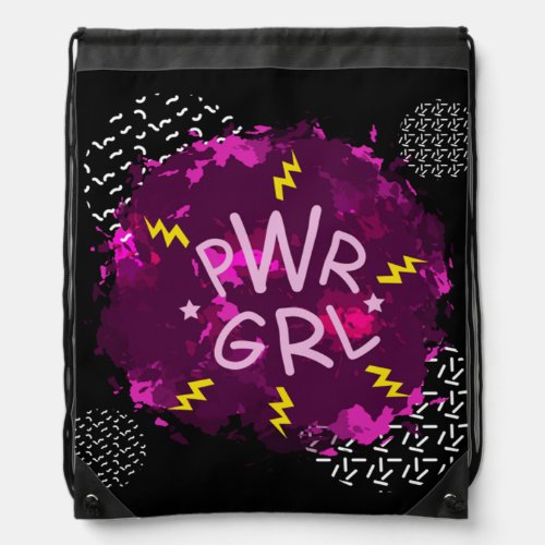 PWR GRL Power girl in splashes of fuchsia paint  9 Drawstring Bag