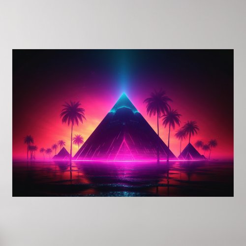 Pyramid Sunset Retrowave Oasis Poster