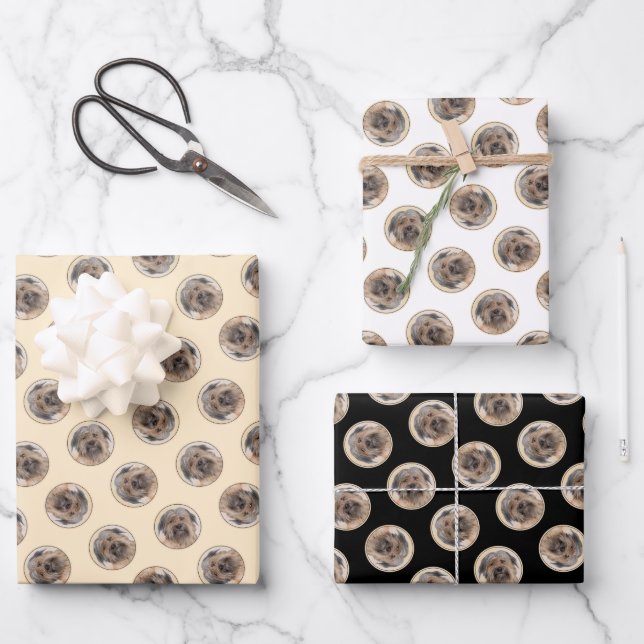 Pyrenean Shepherd Painting Long-Haird Fawn Dog Art Wrapping Paper Sheets (Front)