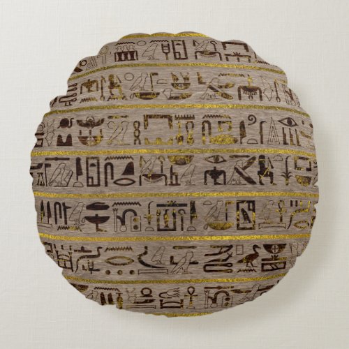 Pyrographed Golden Egyptian hieroglyphs on wood Round Pillow