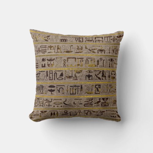 Pyrographed Golden Egyptian hieroglyphs on wood Throw Pillow