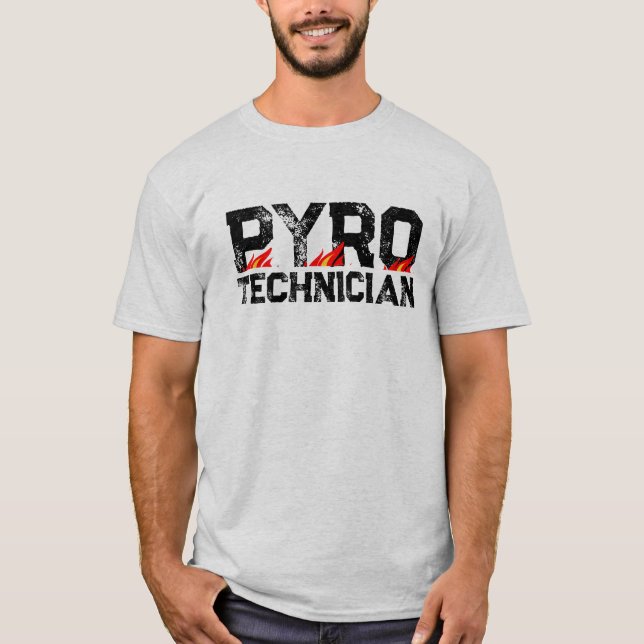 PyroTechnician t shirt with burning flames (Front)