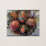 Pysanky Ukrainian Easter Eggs Jigsaw Puzzle<br><div class="desc">Pysanky (Ukrainian Easter Eggs) resting on a traditional Easter cloth puzzle.</div>