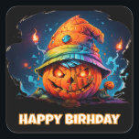 pyschedelic scary jackolantern & birthday hat square sticker<br><div class="desc">I thought up having a jack o lantern wearing a birthday hat with psychedelic colors and I liked this one. I put a stroke around the happy birthday text so it would show up better. All the text on the design is able to be edited. generativecontent. I had some of...</div>