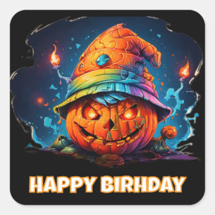 pyschedelic scary jackolantern & birthday hat square sticker