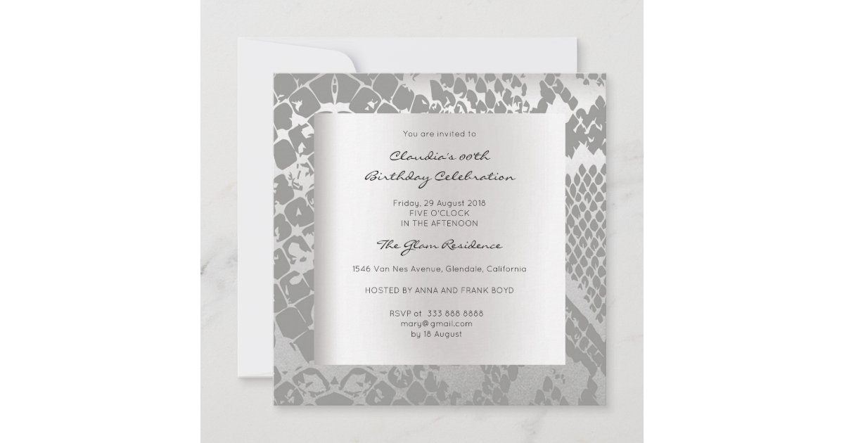 Python Snake Animal Skin Black Silver Birthday Invitation | Zazzle