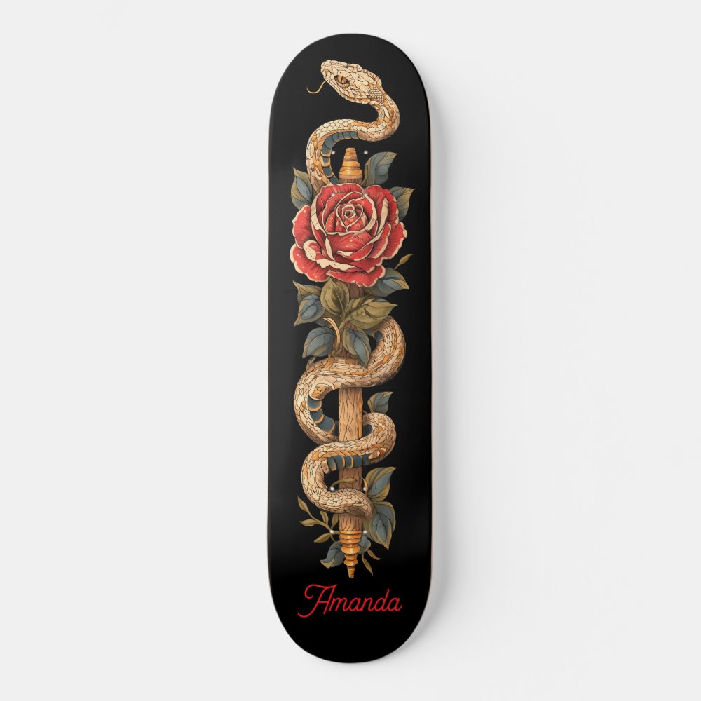 Python Snake with Red Rose Skateboard