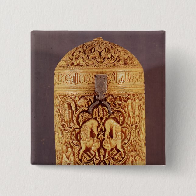 Pyx with a relief depicting the pleasures pinback button (Front)